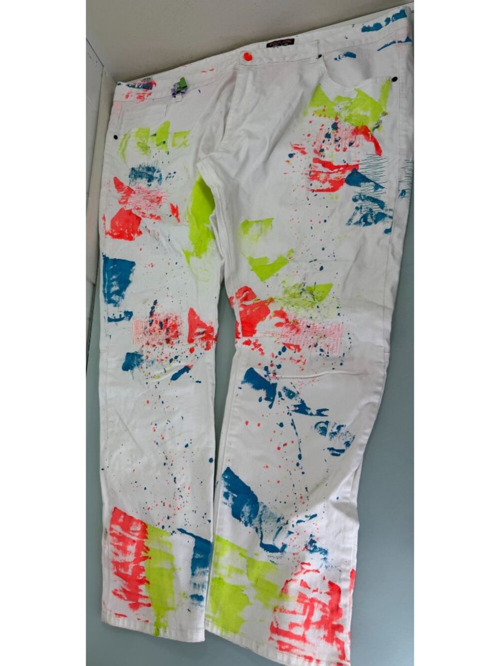 Smoke Rise Jeans Mens 50X32 Slim Tapered Paint Splatter White Denim Streetwear